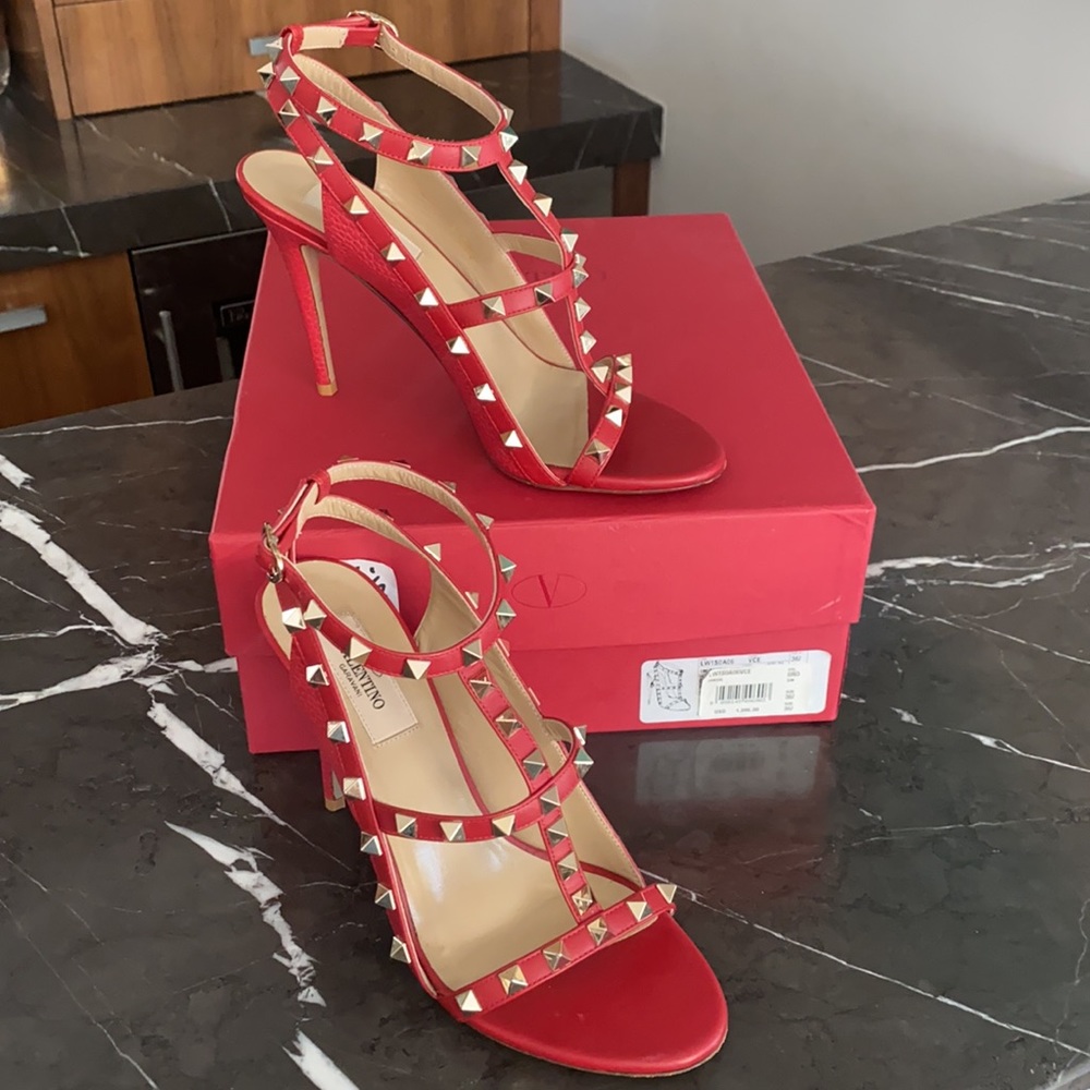 Valentino Garavani Rockstud Strap Heel, Red, Size 6